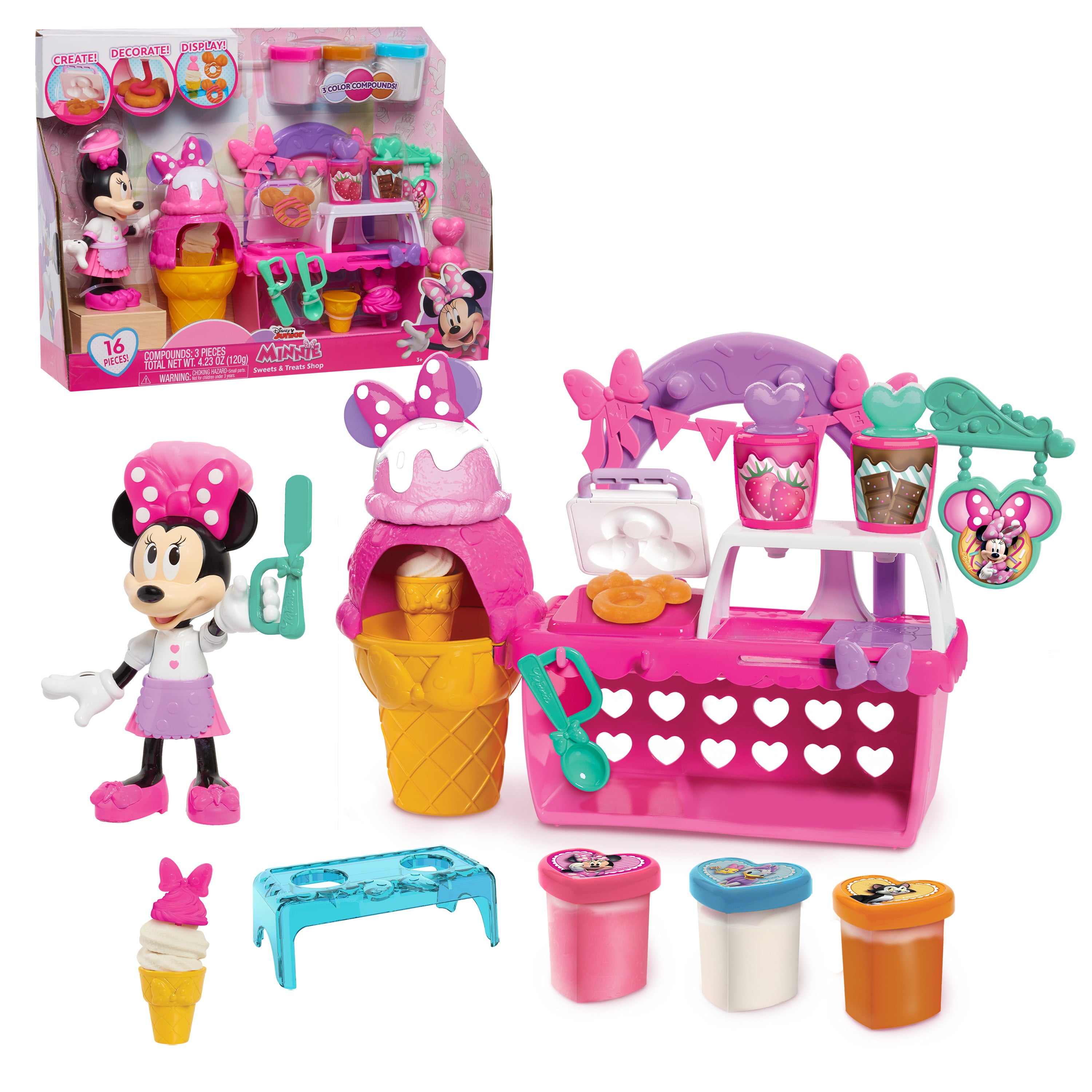 Disney Junior Minnie Mouse Sweets and Treats Shop, 16 Piece Pretend Play Food Set with 3 Modeling Compounds and 6 inch Minnie Mouse Figure, Kids Toys for Ages 3 up