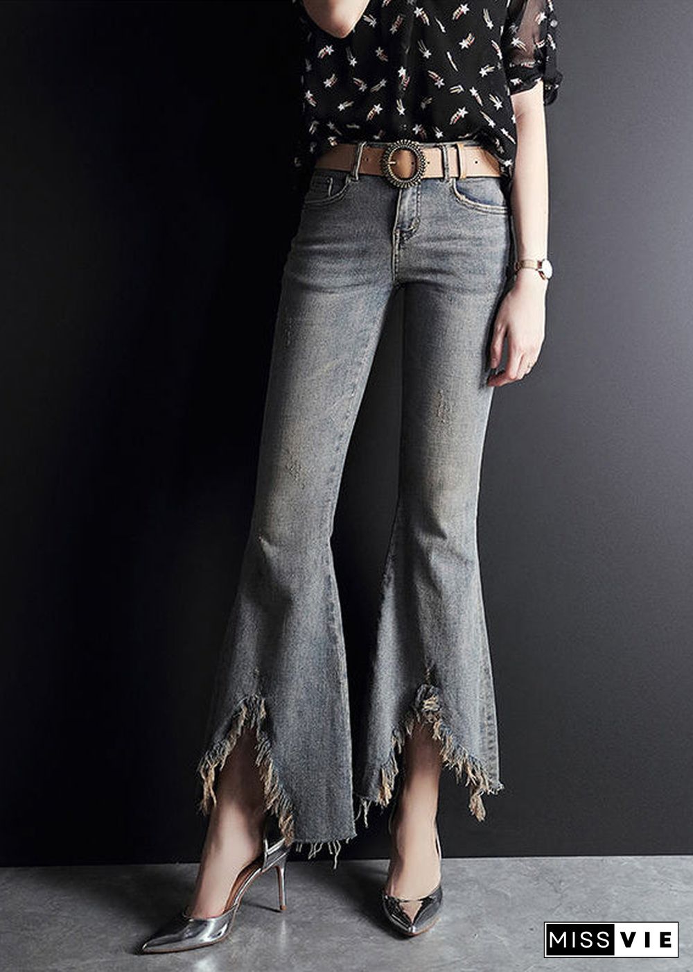 Fashion Light Blue Asymmetrical Pockets Cotton Denim Flare Pants Summer