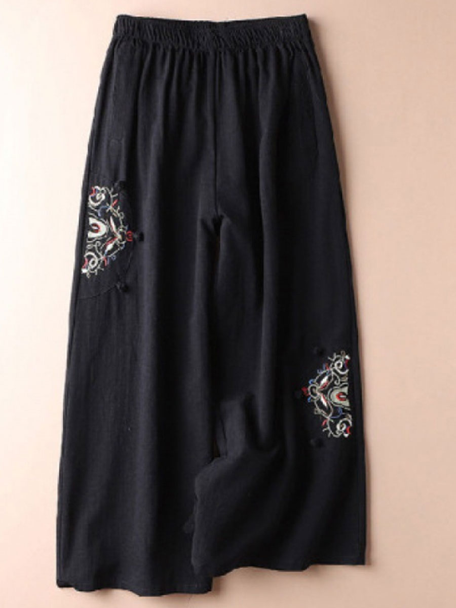 Casual Loose Embroidered Elastic Waist Pants