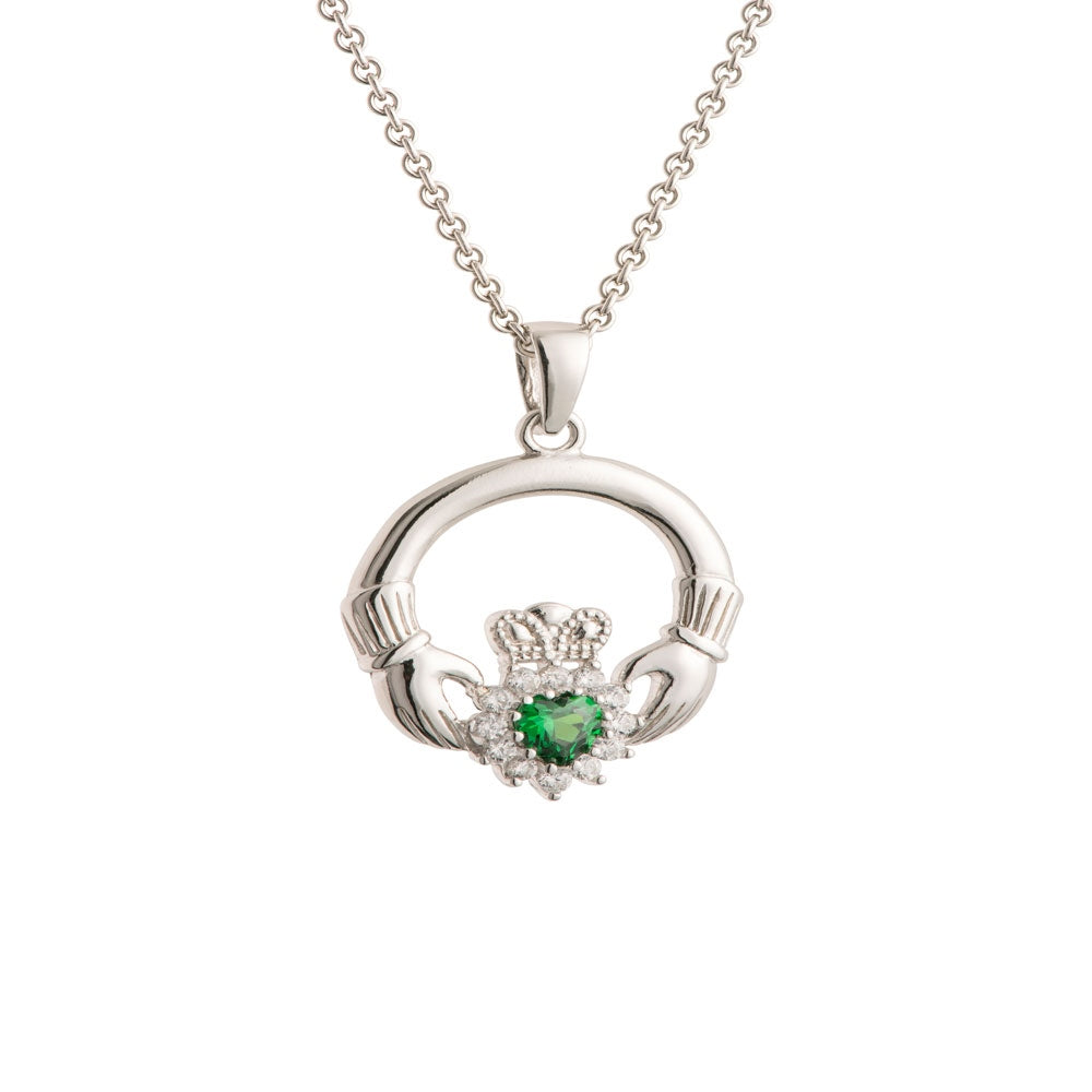 Galway Crystal Green Crystal Sparkle Claddagh Sterling Silver Pendant