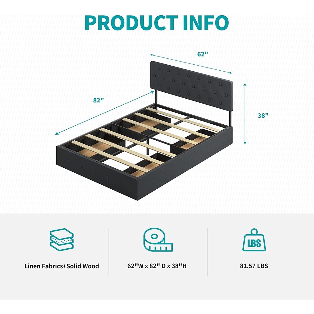 Mixoy Upholstered Platform Bed Frame with 4 Built in Storage Drawers   Adjustable Headboard