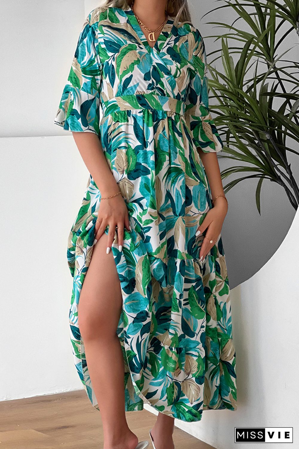 Paisley Floral Print Flare Sleeves Maxi Dress Wholesale