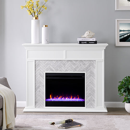 SEI Furniture Electric Freestanding Color Changing Tiled Fireplace in White with Gray Marble