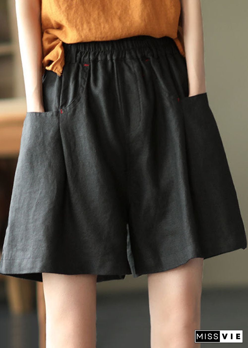 Casual Solid Black Elastic Waist Linen Shorts Trousers Summer