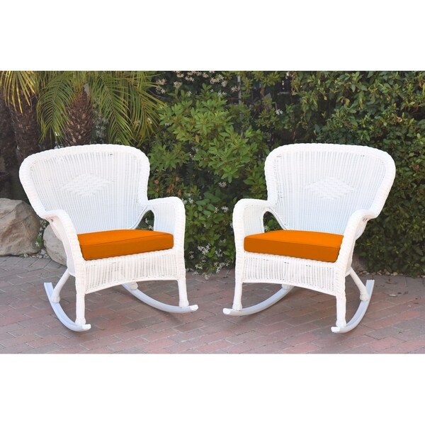 Set of 2 Windsor White Resin Wicker Rocker Chair with Tan Cushions