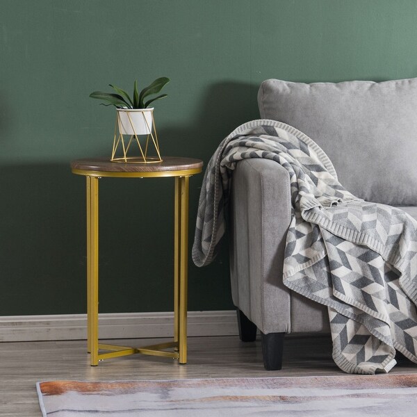 Simple Wood Top Round Metal Coffee Table for Living Room Gold