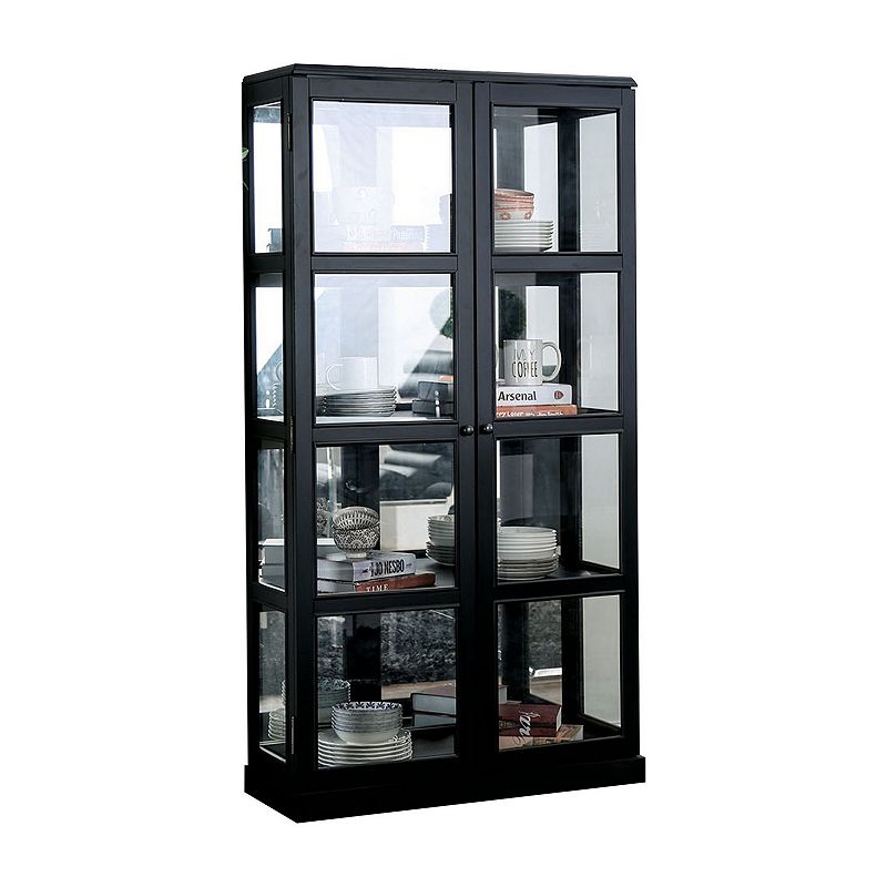 Transitional Wooden Curio Cabinet with Two Glass Doors and Four Shelves， Black