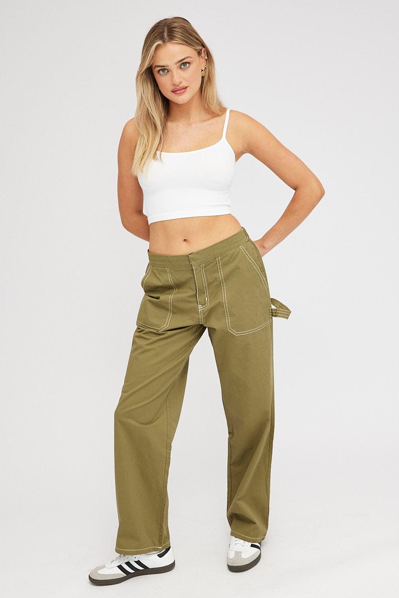 Green Cargo Pants Mid Rise Contrast Stitch