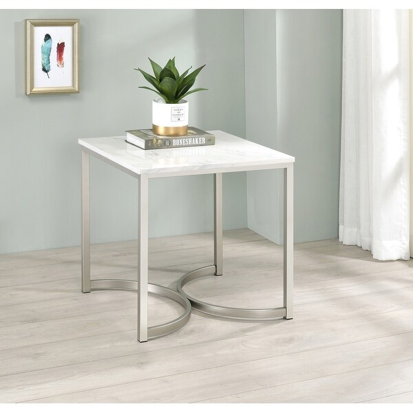 Coaster Furniture Leona White and Satin Nickel Faux Marble Square End Table