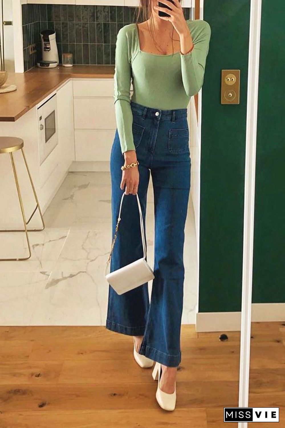 Slim Fit Straight Leg High Waisted Wide Leg Trouser Jeans Pants