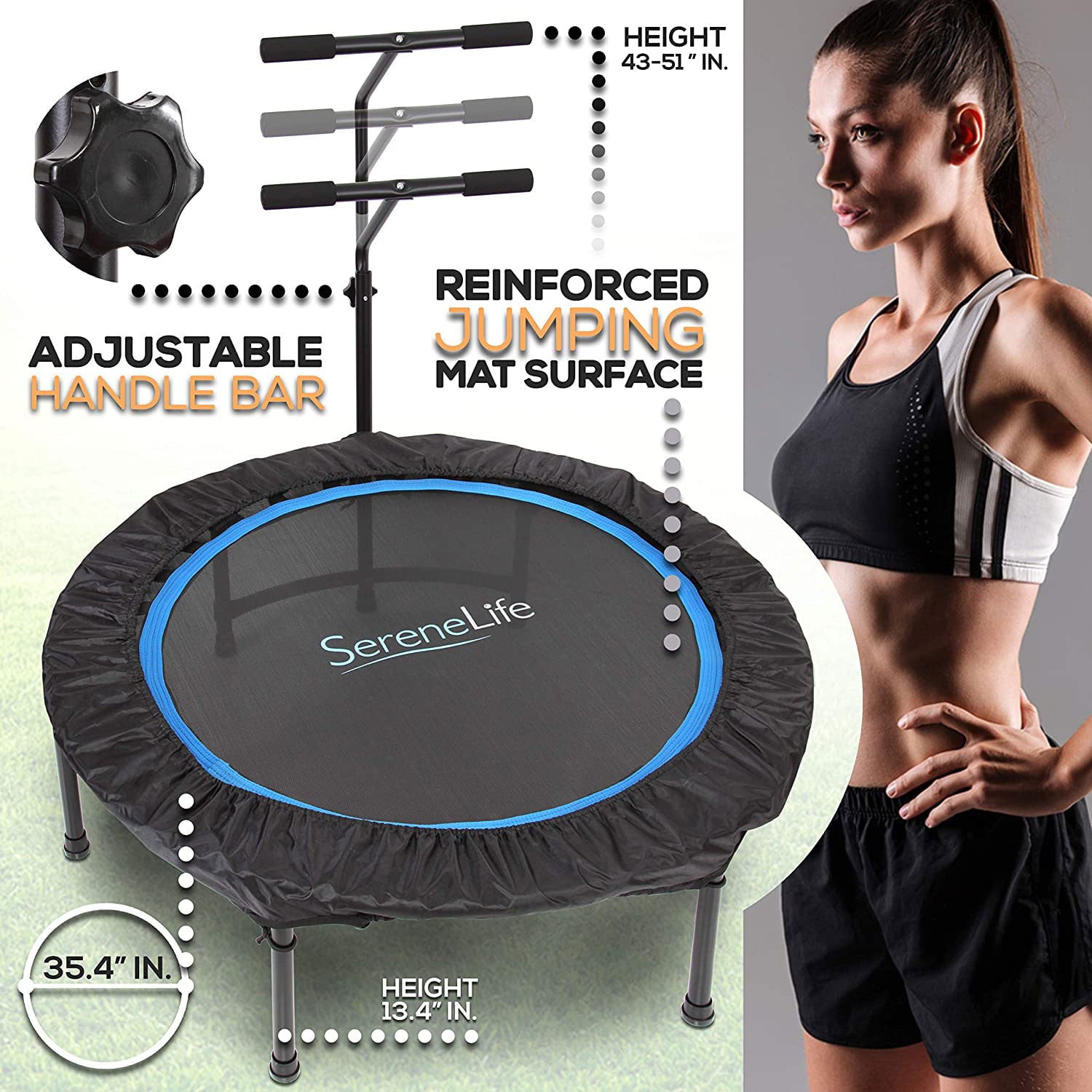 SereneLife 40' Indoor Outdoor Fitness Cardio Sports Trampoline with Handrail