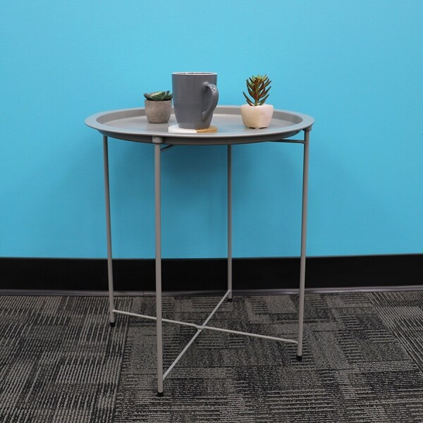 Foldable Round Multi-Purpose Side Accent Metal Table， Matte Grey