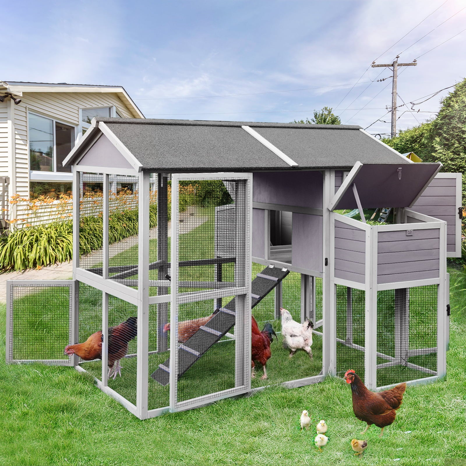 Morgete Extra Large Chicken Coop for 8 - 10 chickens, Nesting Box, Gray, 75.7 in