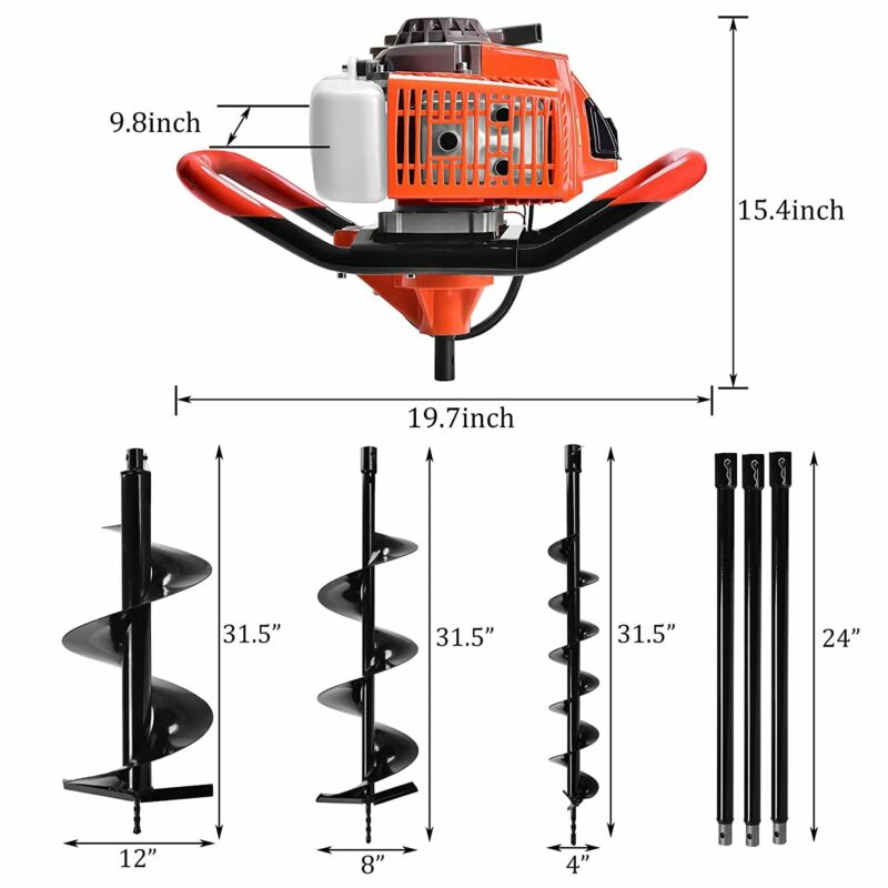 EAYSG 72CC Auger Post Hole Digger, 3KW 2 Stroke Post Hole Auger Gas Powered with 3 Auger Drill Bits(4" & 8" & 12") + 3 Extension Rods for Farm Garden Plant