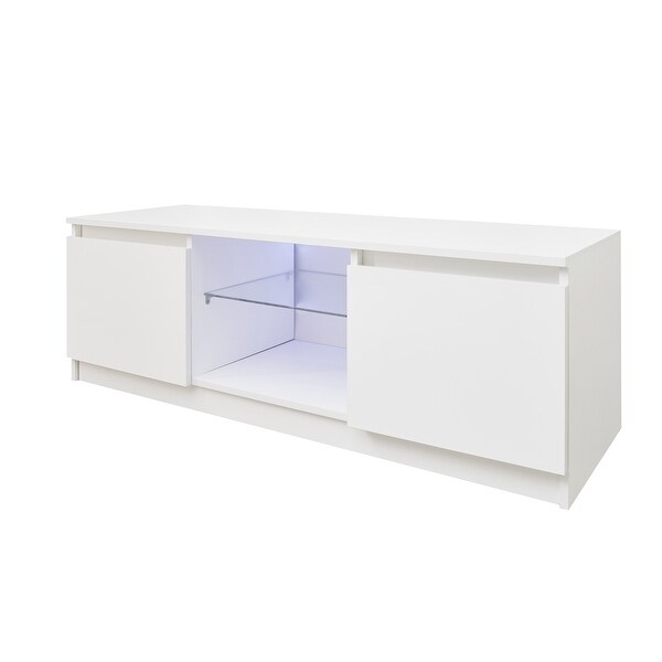 White LED TV Stand Cabinet with Lights with Storage Drawers， Entertainment Center Media Console Table