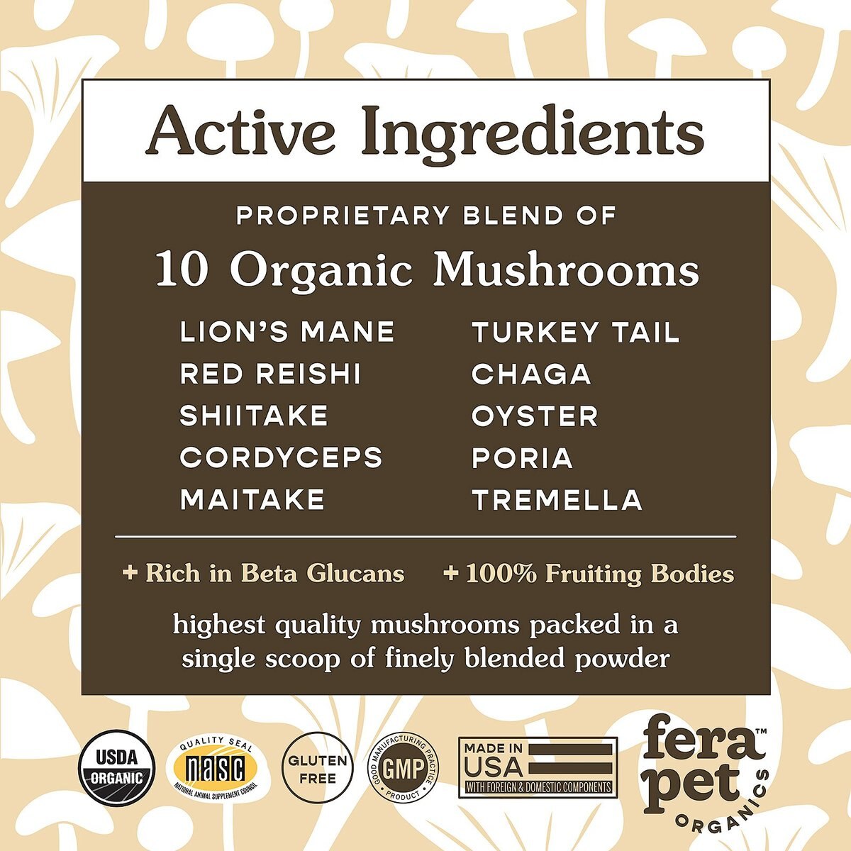 Fera Pet Organics Mushroom Immune Support Dog and Cat Supplement， 2.12-oz bottle