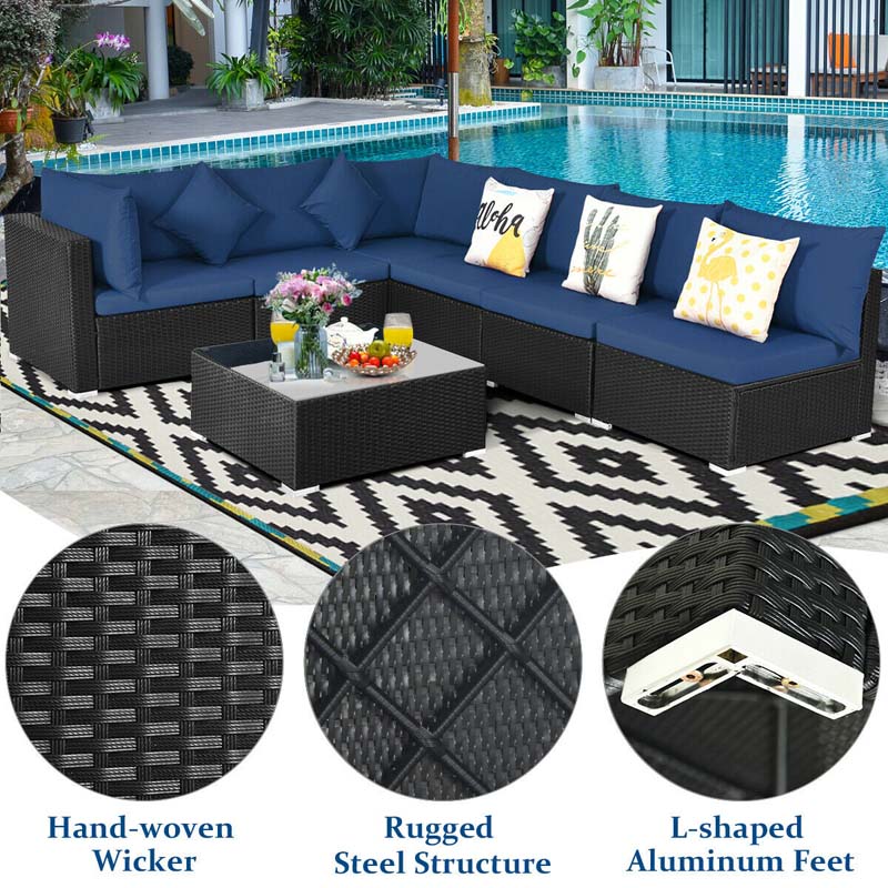 7 Pcs Rattan Patio Furniture Sectional Sofa Set Outdoor Wicker Conversation Set with Back & Seat Cushions Pillows