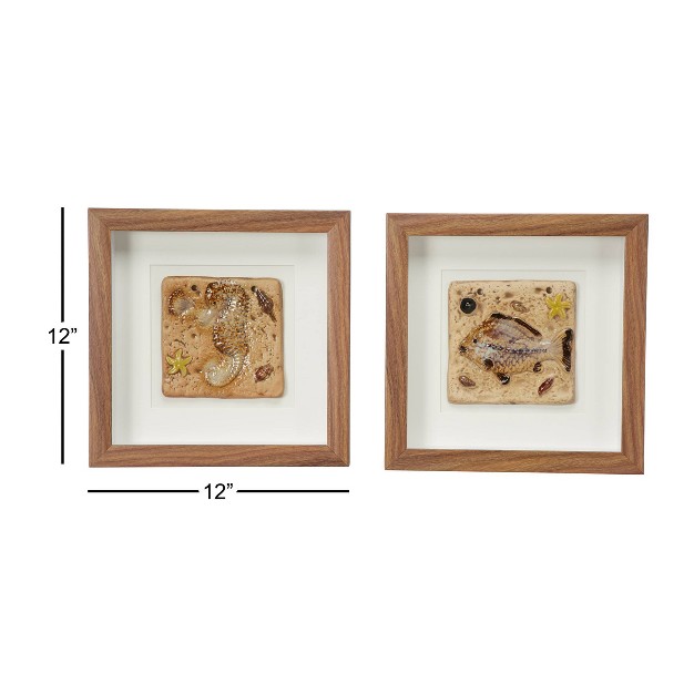 X 12 quot Coastal Style Seahorse And Fish Fossil Shadow Box Wall Decor In Square Wood Frames Olivia amp May