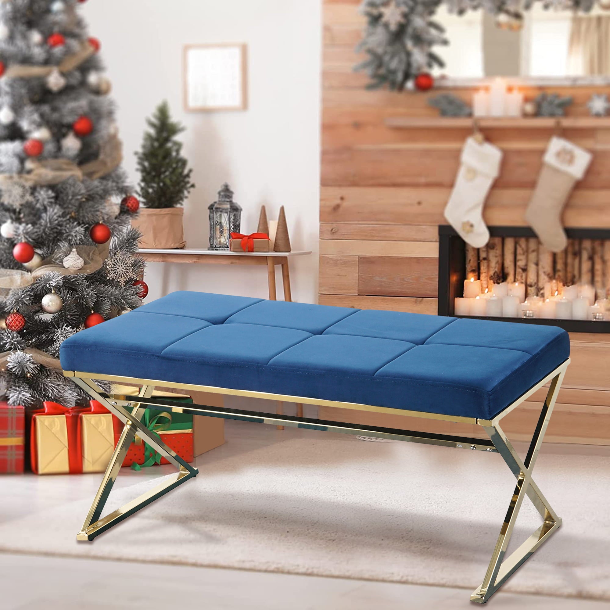 Mid-Century Modern Ottoman Bench with Padded Seat and Gold Metal Legs, Upholstered Entryway Bench Shoe Bench, Velvet Fabric End of Bed Bench for Bedroom Living Room Hallway More, Blue