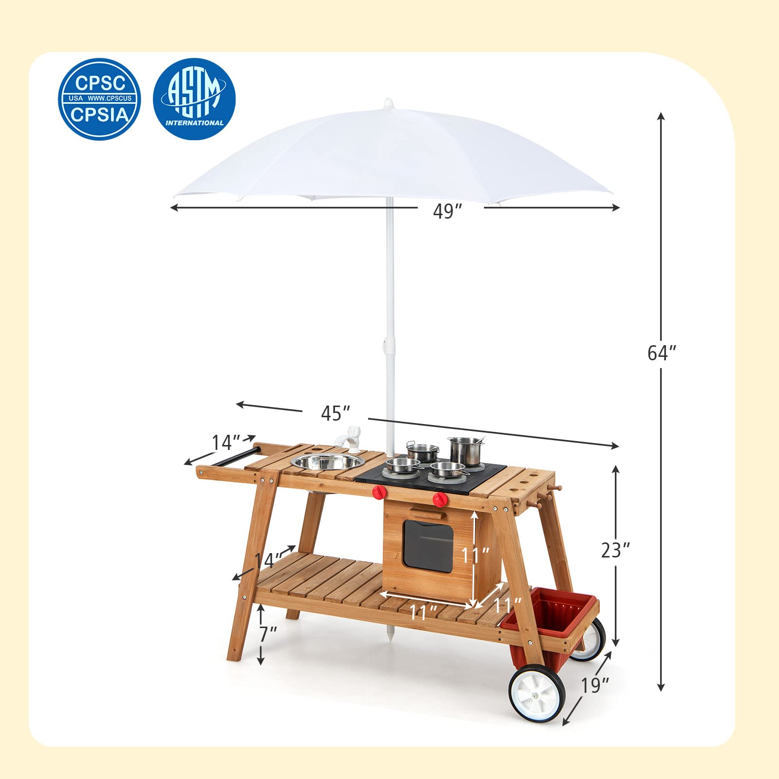 Costzon Kids Kitchen Playset, Indoor & Outdoor Wooden Pretend Cooking Cart with Stove, Sink, Kitchenware, Storage, Removable Umbrella