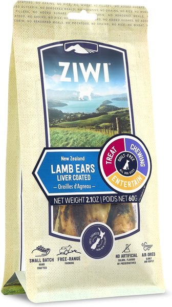 Ziwi Lamb Ears Liver Coated Dog Treats， 2.1-oz bag