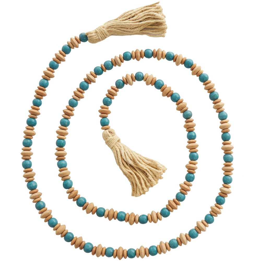 Teal Mango Wood Handmade Round Long Carved Beaded Garland with Tassel with Brown Beaded Disks