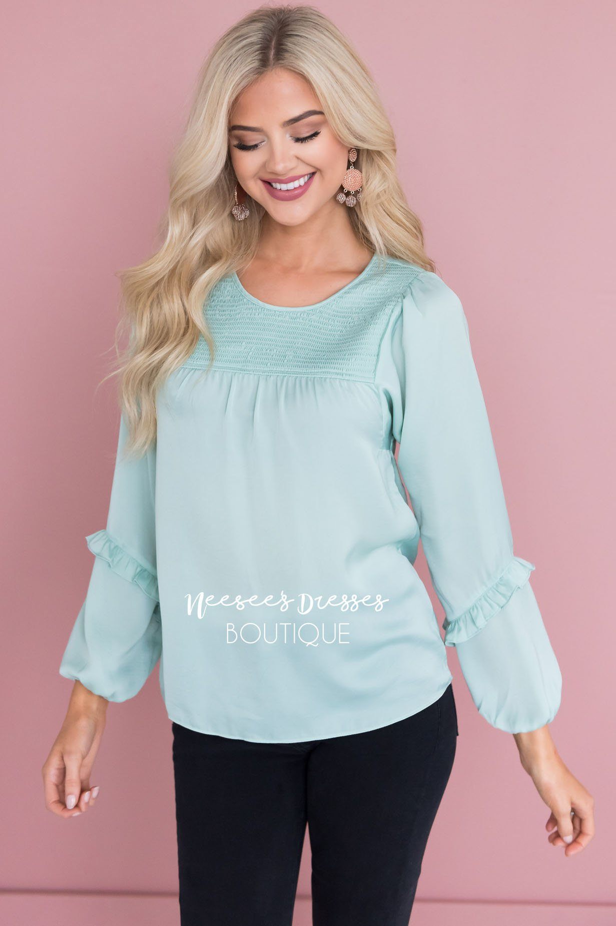 Mint Smocked Satin Blouse