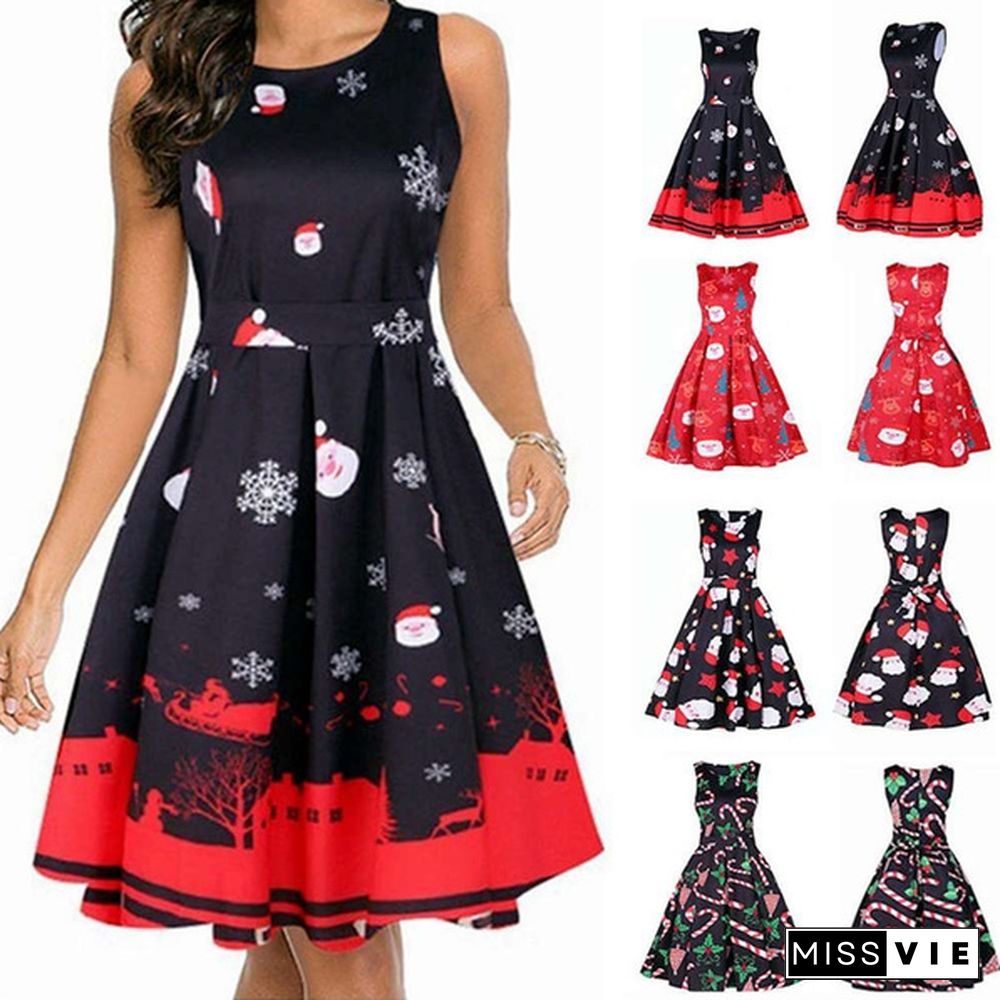 Christmas Dresses for Women Sleeveless Cocktail A-Line Xmas Santa Claus Snowflake Christmas Party Dress Retro Vintage Style Cocktail Party Swing Dresses