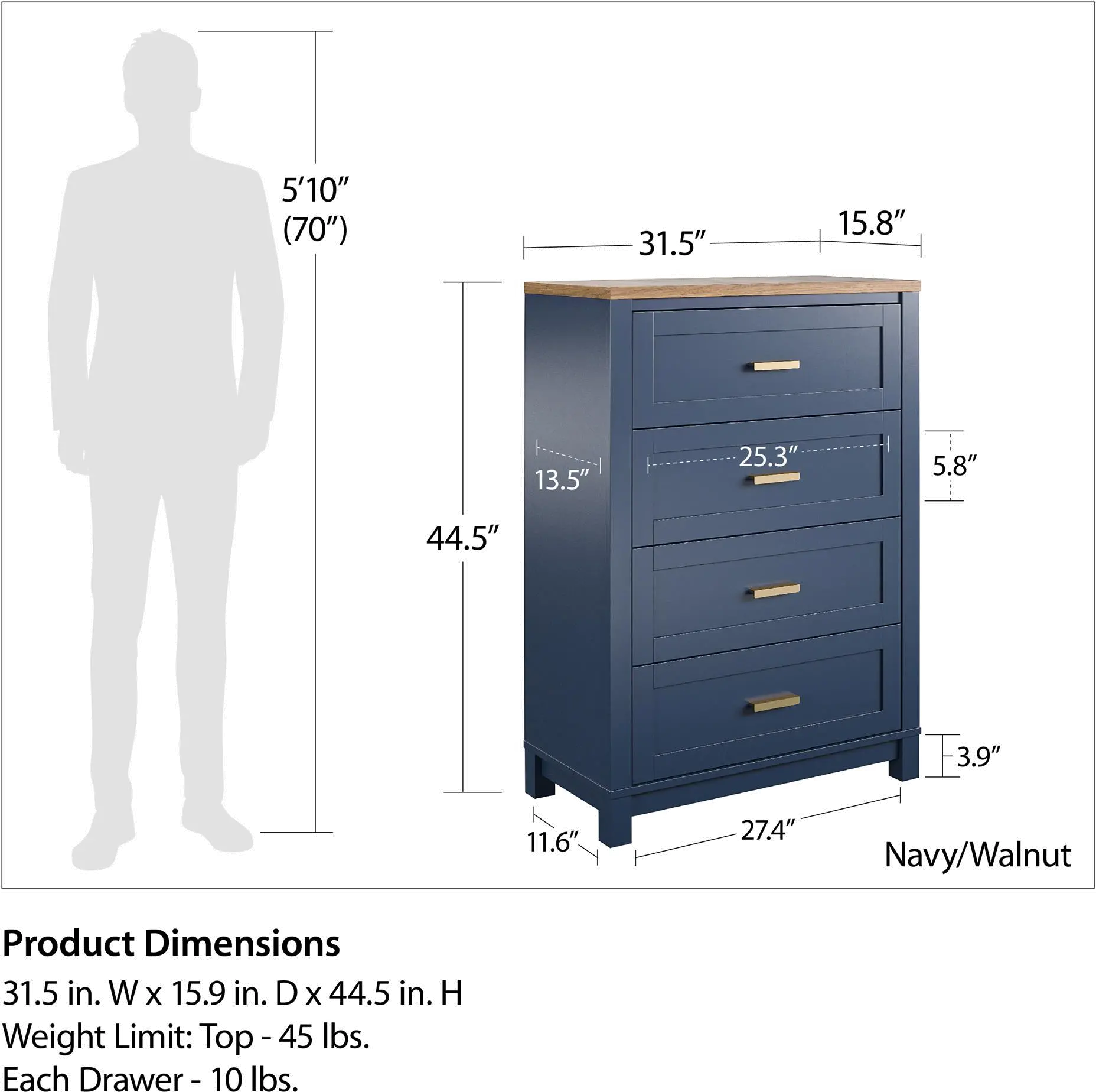 Armada Navy 4 Drawer Dresser with Walnut top