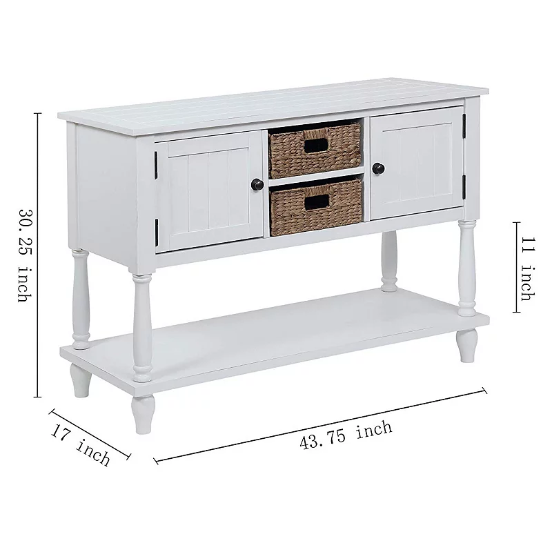 eHemco Coastal Style Console Table with Turned Legs and 2 Doors 2 Wicker Baskets for Living Room