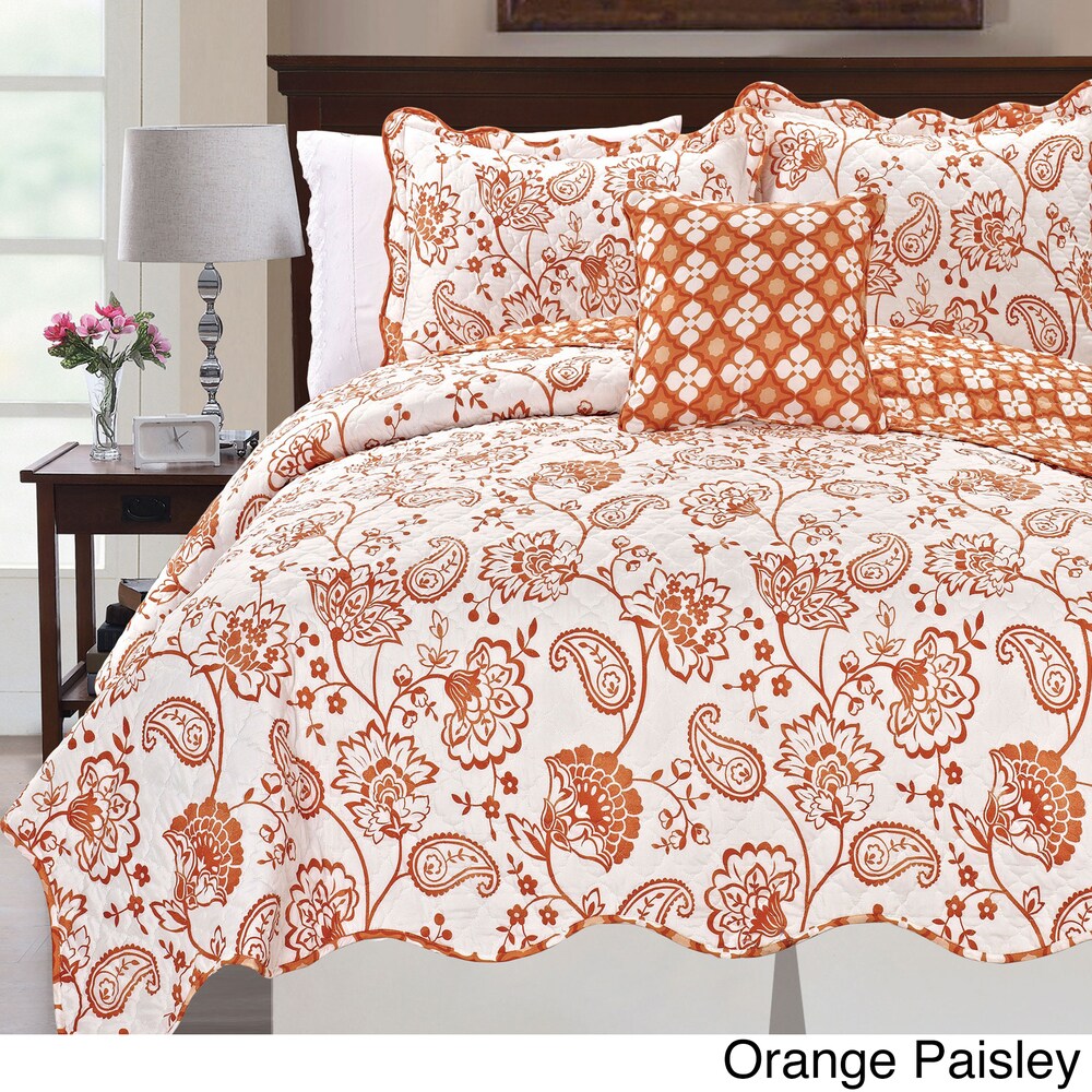 Printed Paisley Flower 4 piece Reversible Quilted Coverlet Set