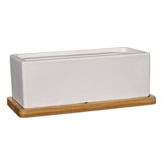 Nova 8.5 in. White Ceramic Rectangle Planter with Tray HD1138-089