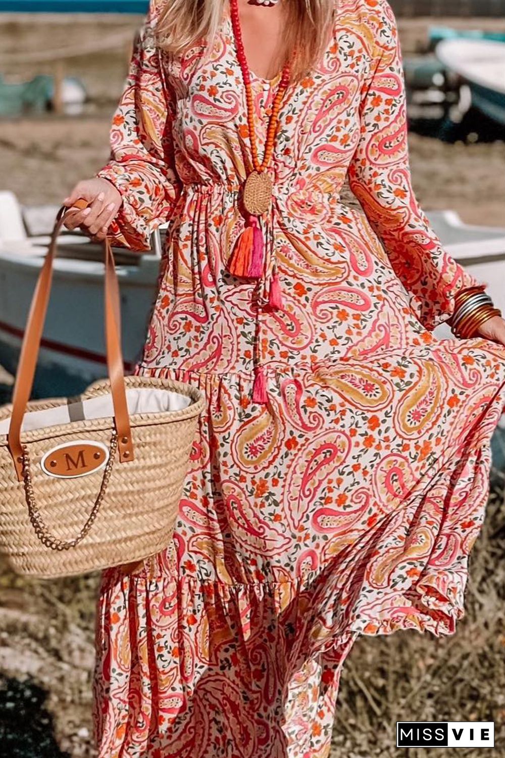 Orange Boho Holiday Paisley Print Tiered Long Sleeve Maxi Dress