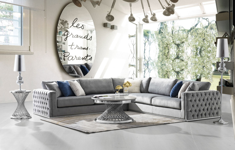 Envy 3 Piece Sectional  Platinum Gray Velvet With Detail and Silver Metal Trim   Contemporary   Sectional Sofas   by HedgeApple  Houzz