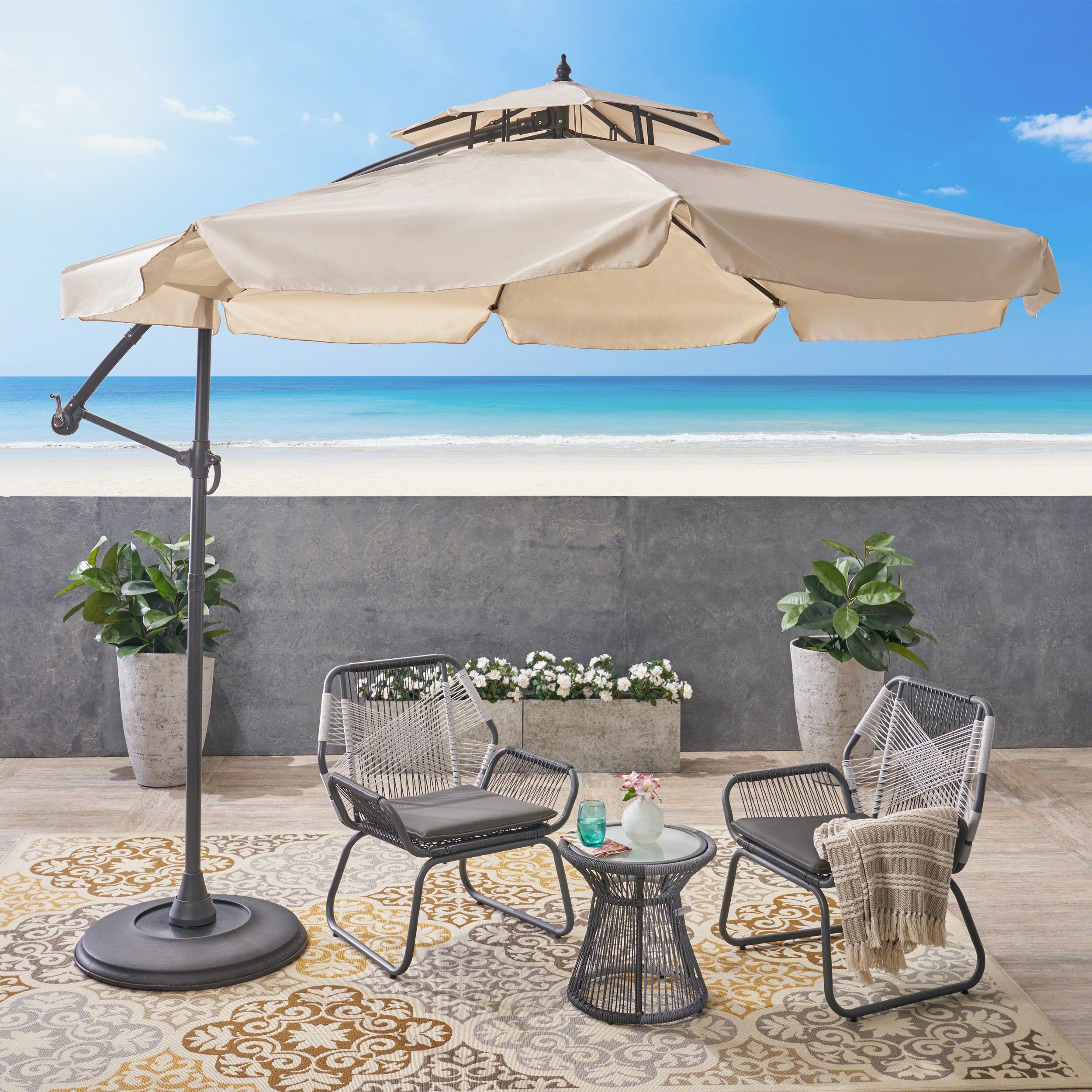 Tahiti Outdoor Beige Cantilever Patio Umbrella & Base