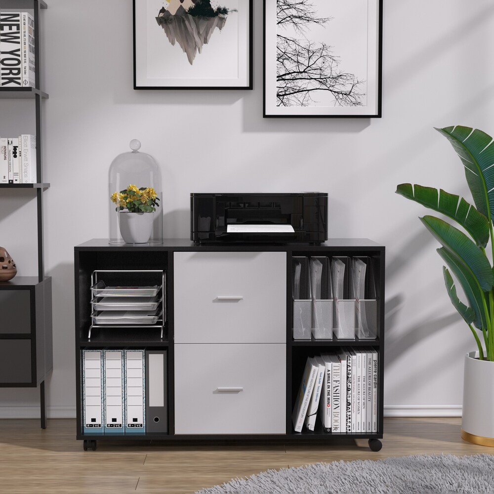 Wooden Filing Cabinet with 2 Drawers and 4 Open Storage Shelves  Equipped with Movable Wheels