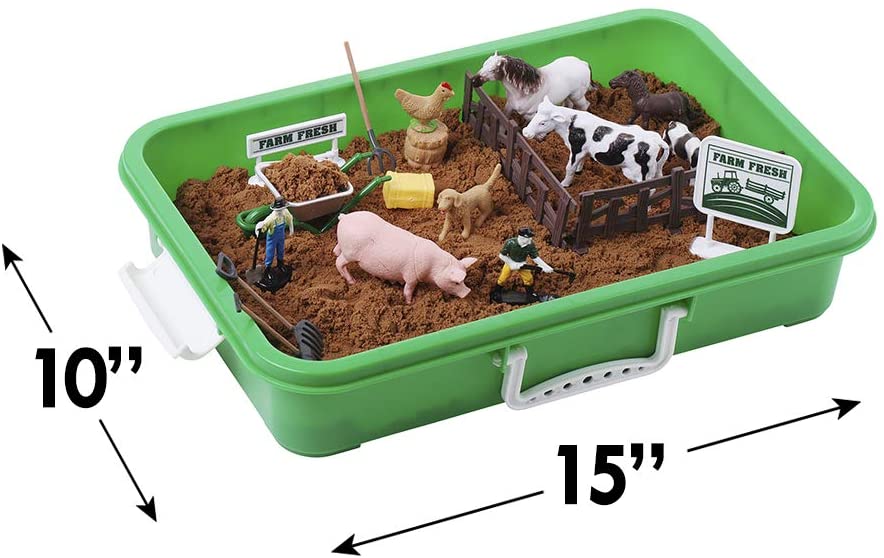 Farm Sand Play Set 28 Figures- Sensory Toys for Kids with 2 lbs of Sand, Farm Animals, Signs, Fences, Trucks and Farm Tools