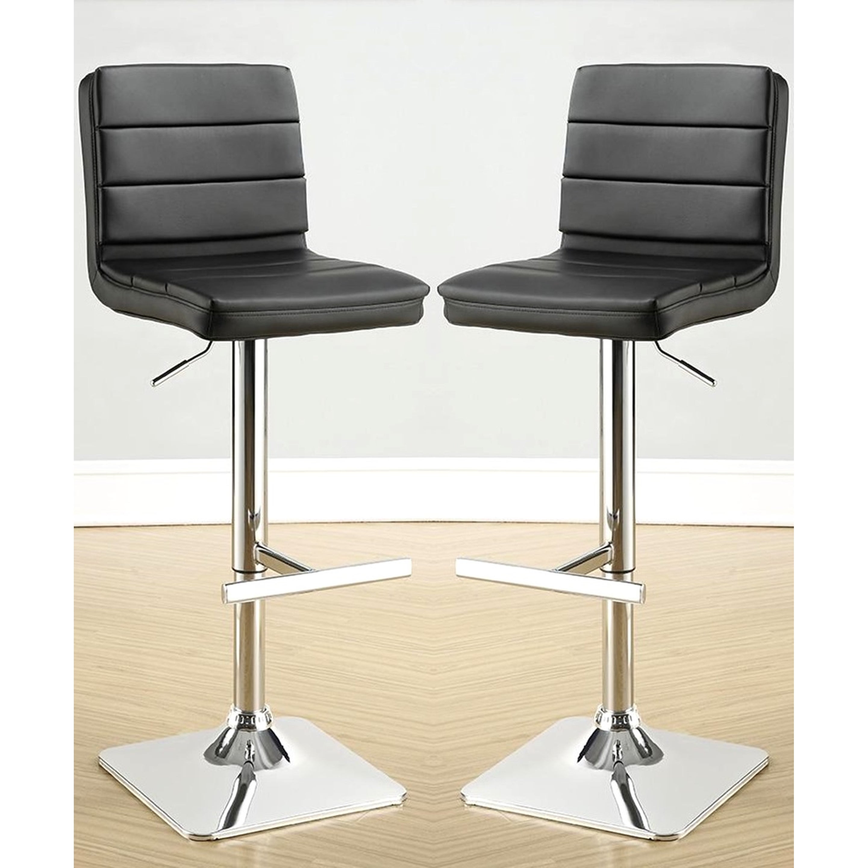 Horizontal Design Black Adjustable Swivel Stools with Square Chrome Pedestal Base (Set of 2)