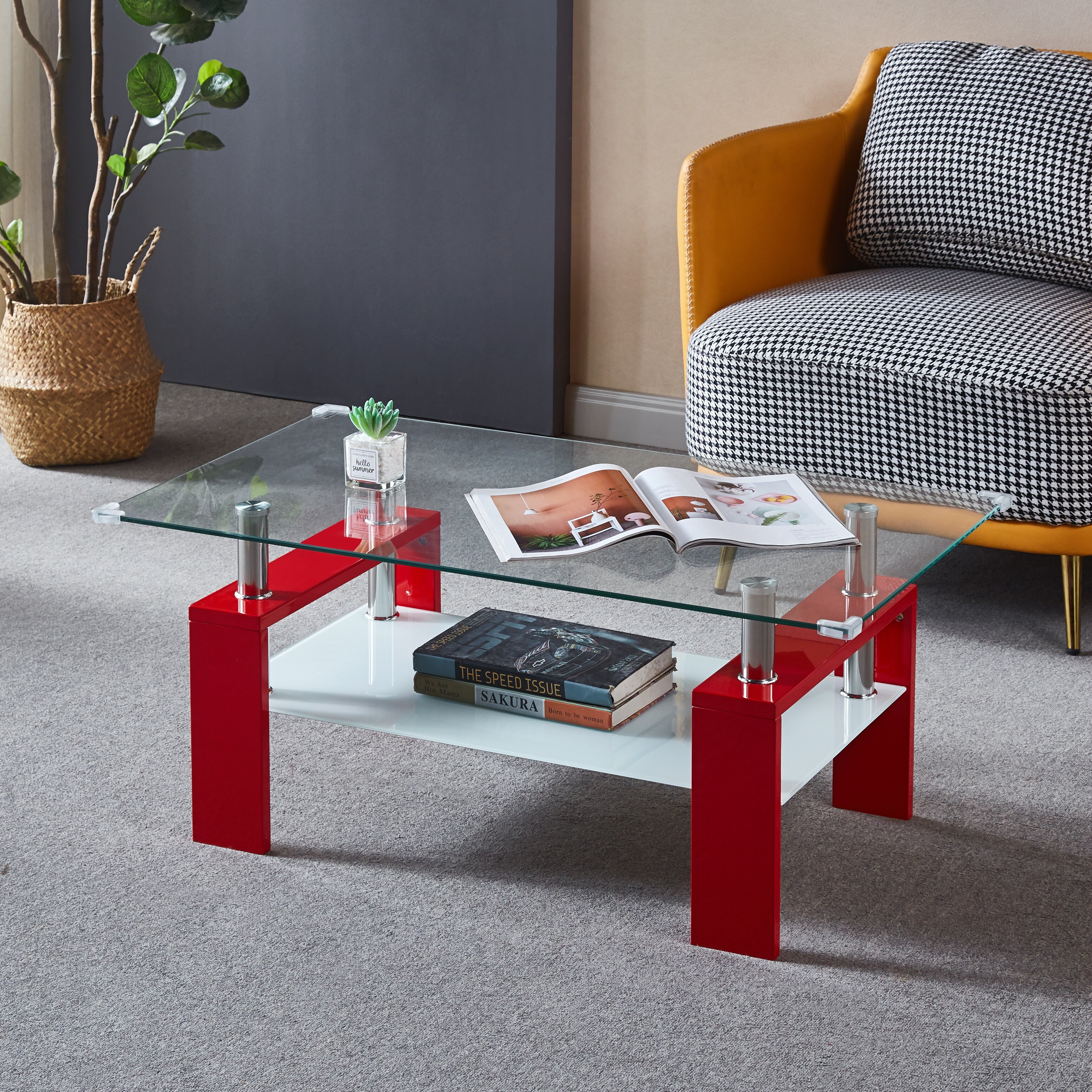 Red Double Layer Coffee Table with Storage