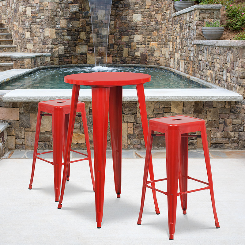 24 quotRound Metal Indoor/Outdoor Bar Table Set  Red   Industrial   Outdoor Pub And Bistro Sets   by First of a Kind USA Inc  Houzz