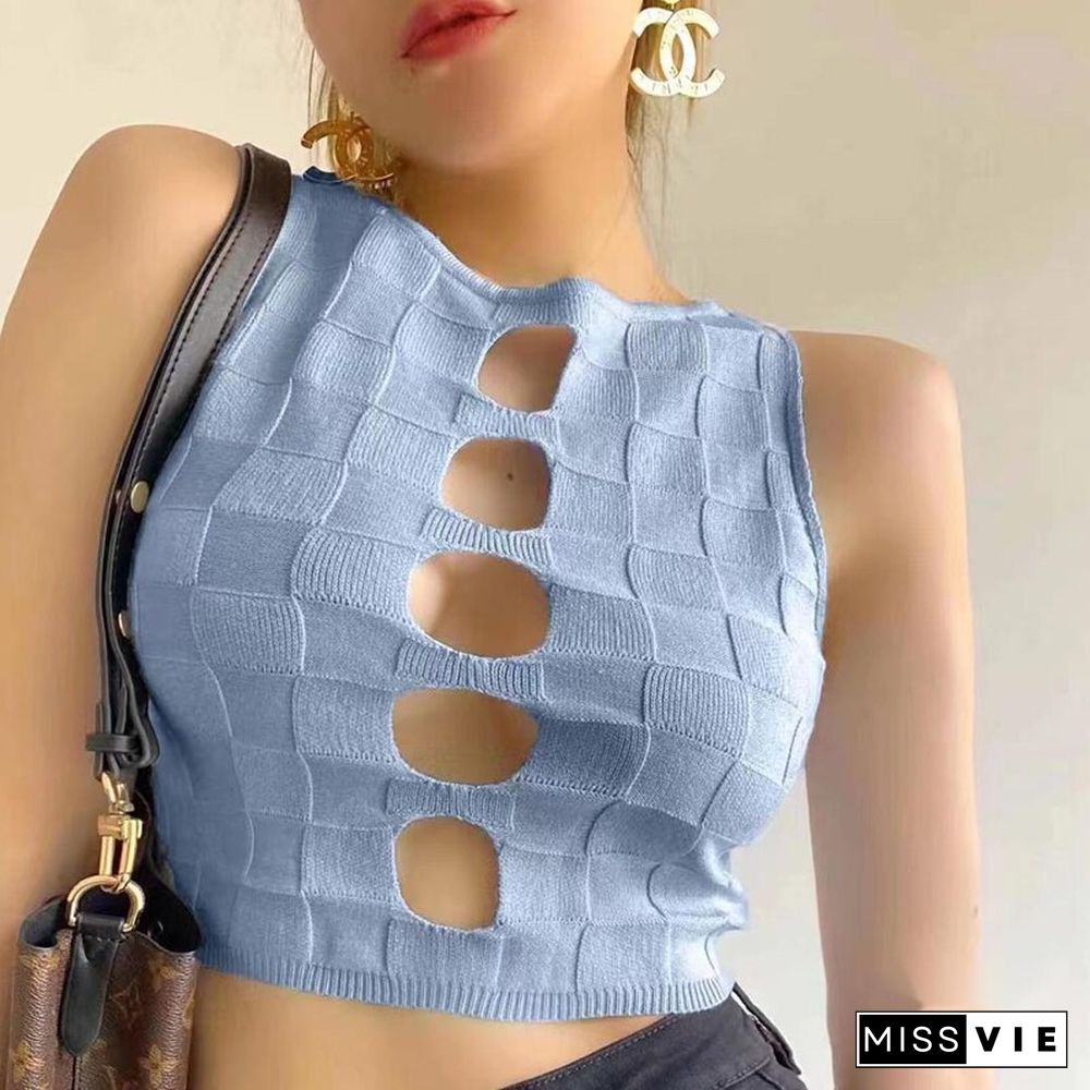 Sexy Hollow Out Crop Tops Women Summer Harajuku Cute Solid Tank Top Fashion Y2k Knitted Vest Casual Korean Streetwear Tops