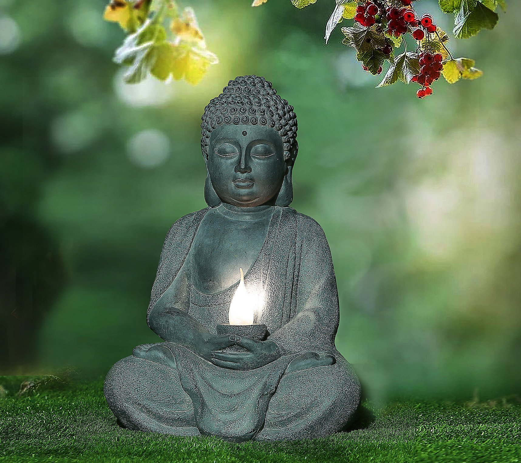 LuxenHome Gray MgO Meditating Buddha Statue with Solar Light