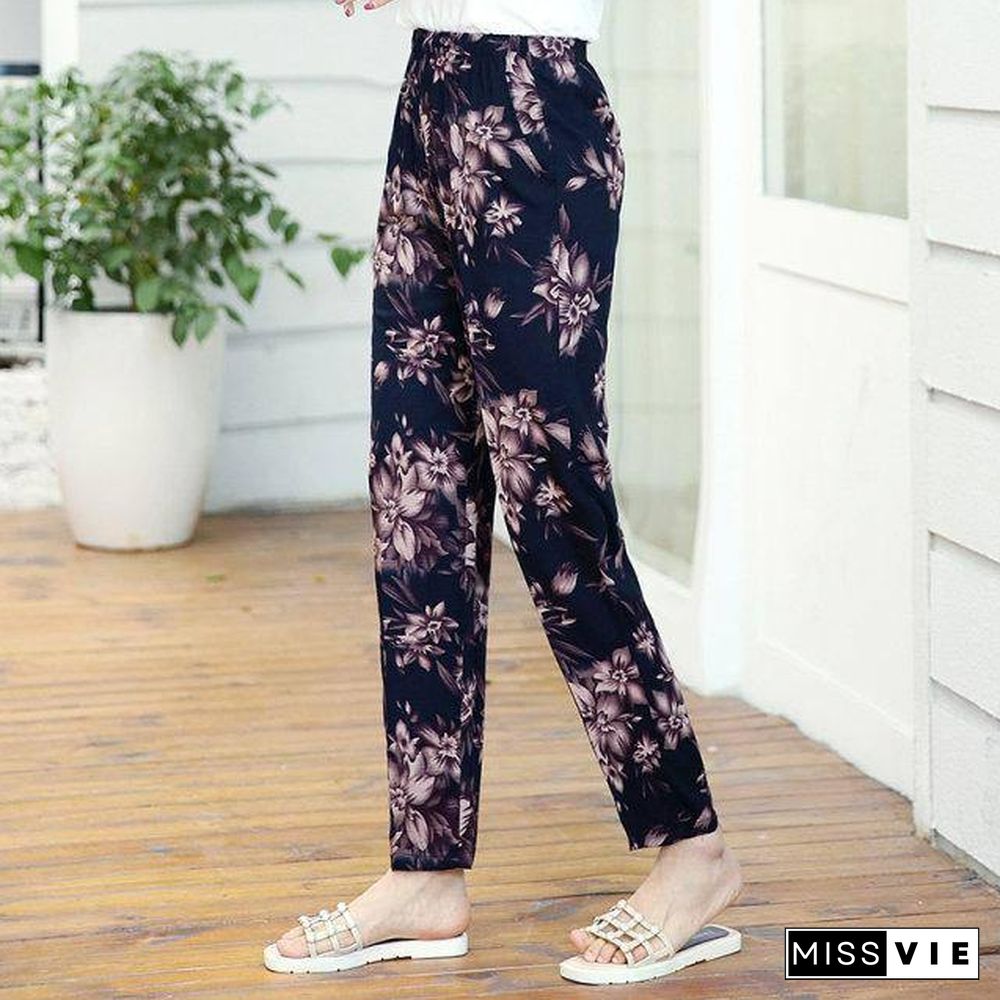 22 Colors Women Summer Casual Pencil Pants XL-5XL Plus Size High Waist Pants Printed Elastic Waist Middle Aged Women Pants