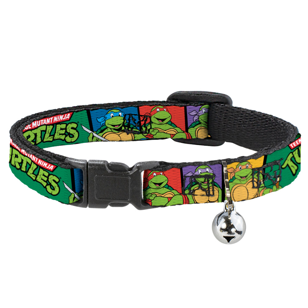 Nickelodeon Cat Collar， Breakaway Collar with Bell， Ninja Turtles Group Pose TMNT Logo Green Multi Color， 8.5 to 12 Inches 0.5 Inch Wide