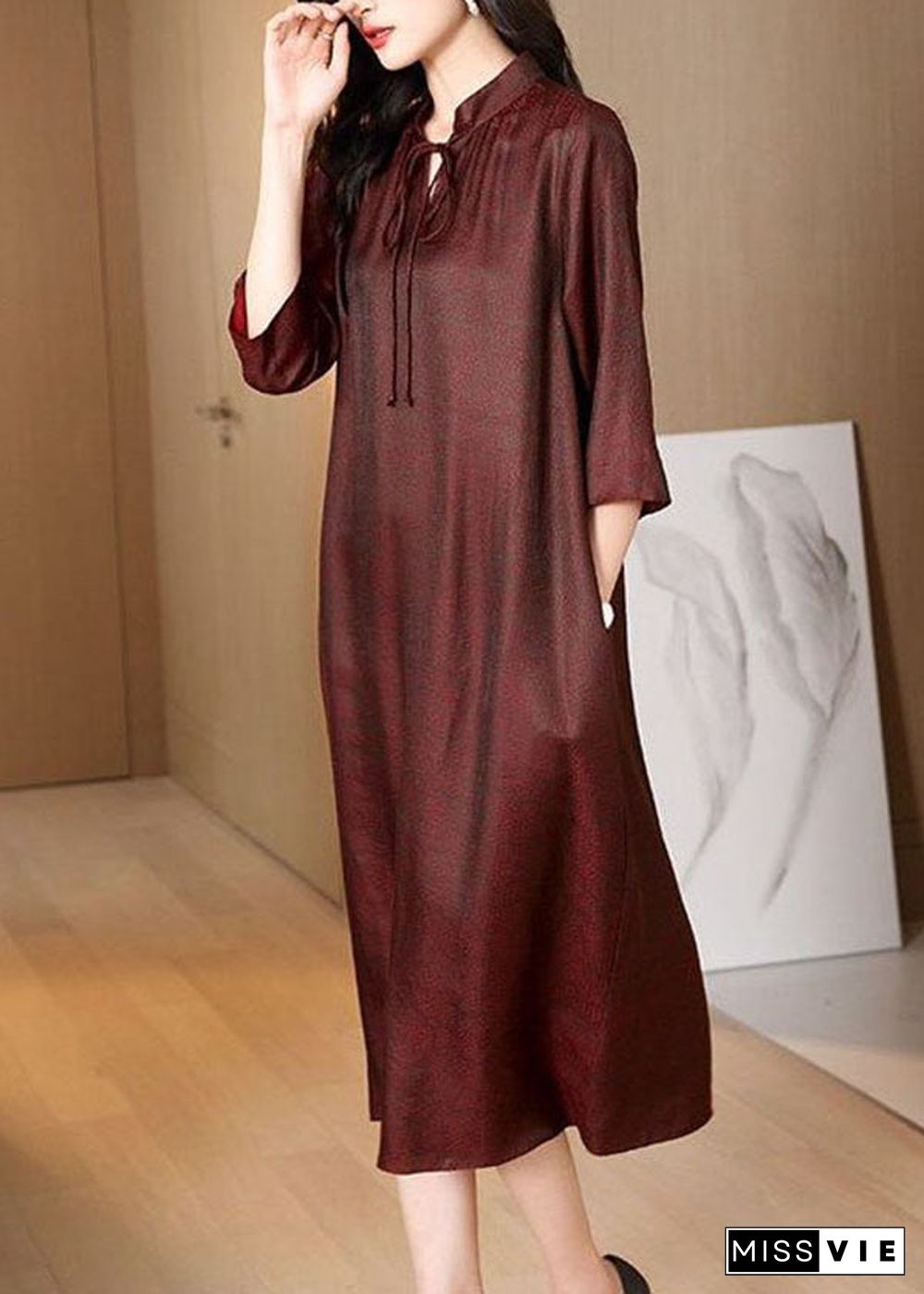 Unique Dark Red Stand Collar Lace Up Pockets Silk Long Dress Bracelet Sleeve