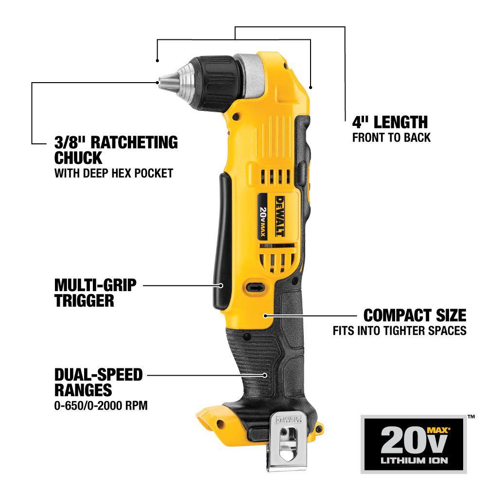 DW 20V MAX Cordless 38 in. Right Angle DrillDriver (Tool Only) DCD740B