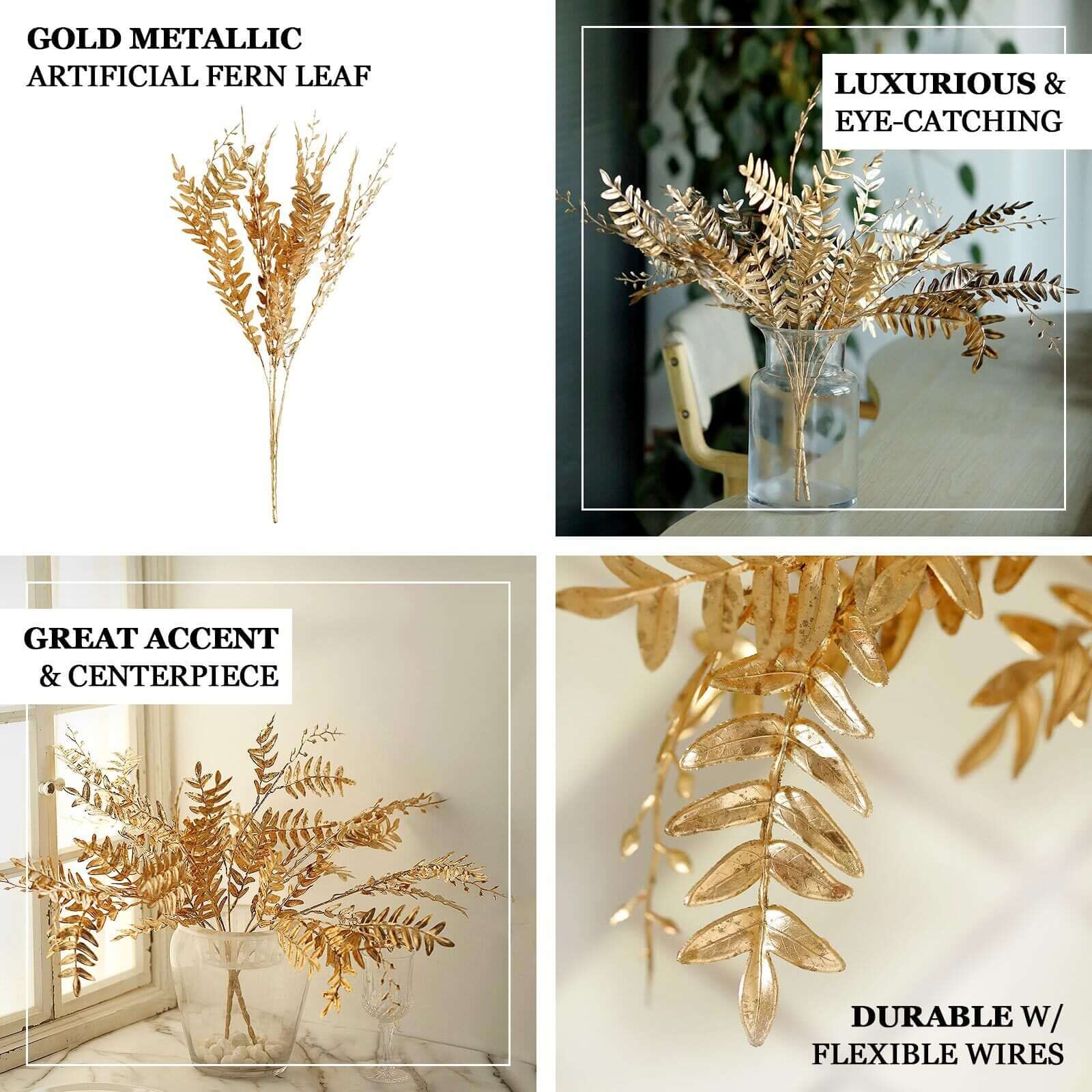 2 Pack Metallic Gold Artificial Fern Leaf Branches, Faux Decorative Bouquets 21