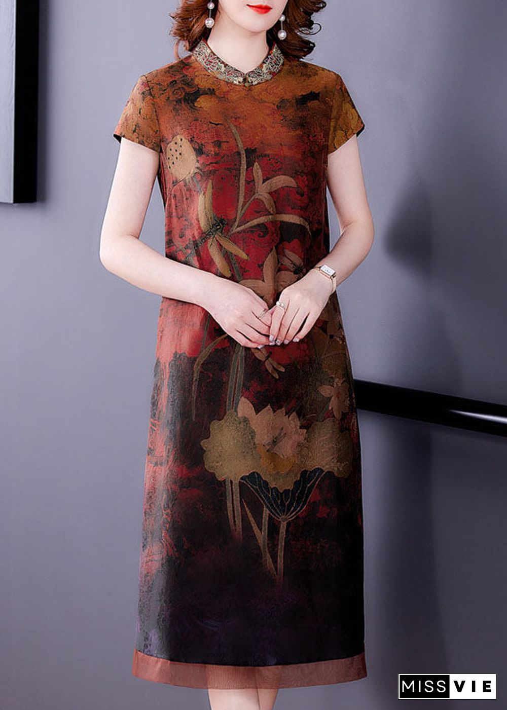 Fitted Red Print Stand Collar Silk Dresses Short Sleeve