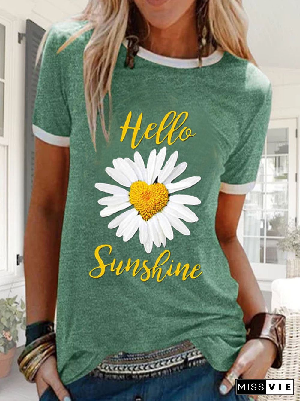 Green Cotton Round Neck Printed Casual T-shirt