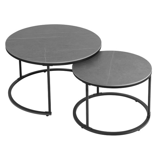 Nesting Coffee Table Black Metal Frame with Round Sintered Stone Top - 31.5x17.7 inch